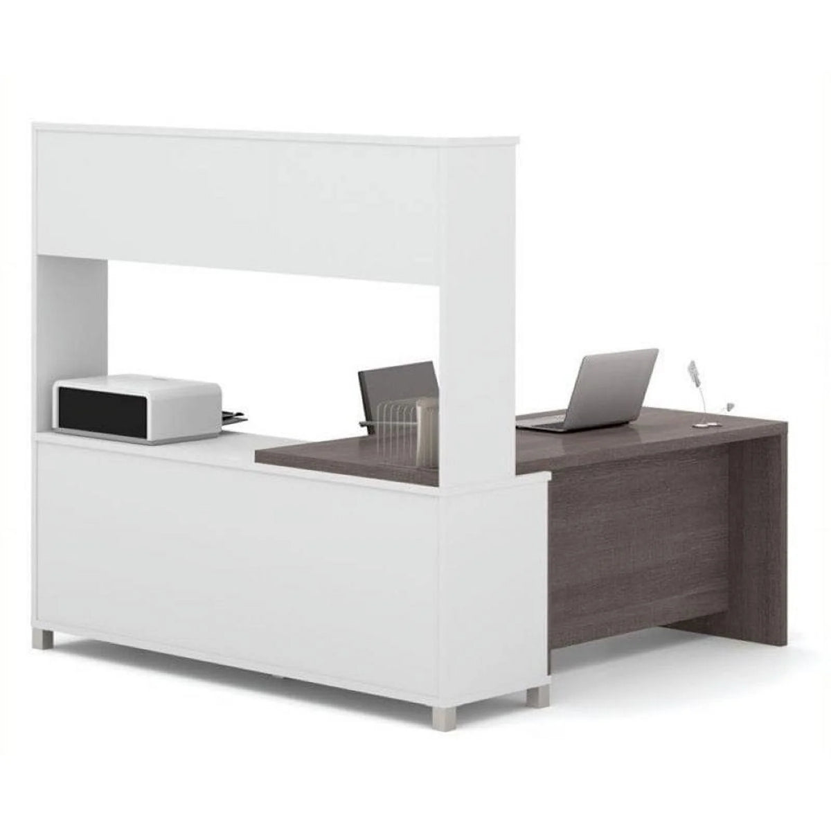 L-Desk with Hutch in White and Bark Gray K8608
