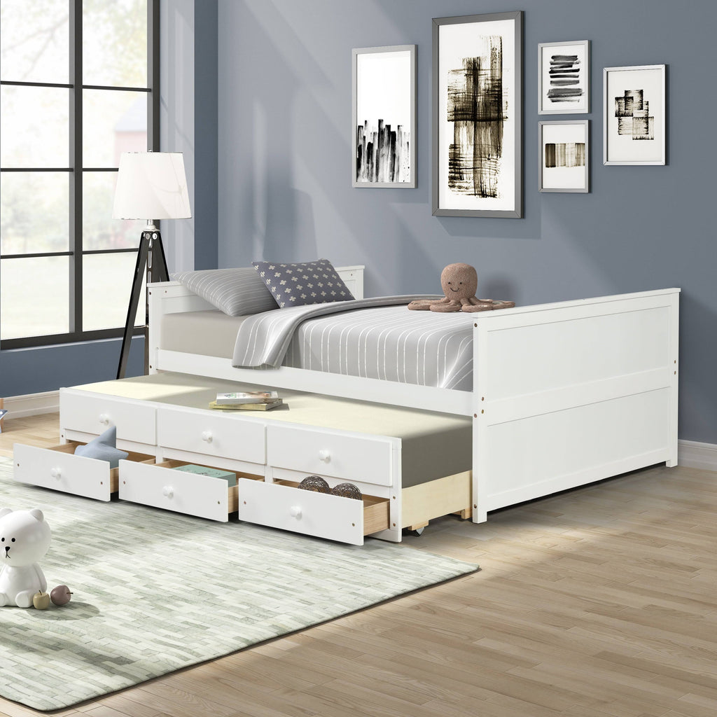 White Full Captain Bed with Twin Trundle and 3 Drawers W9306
