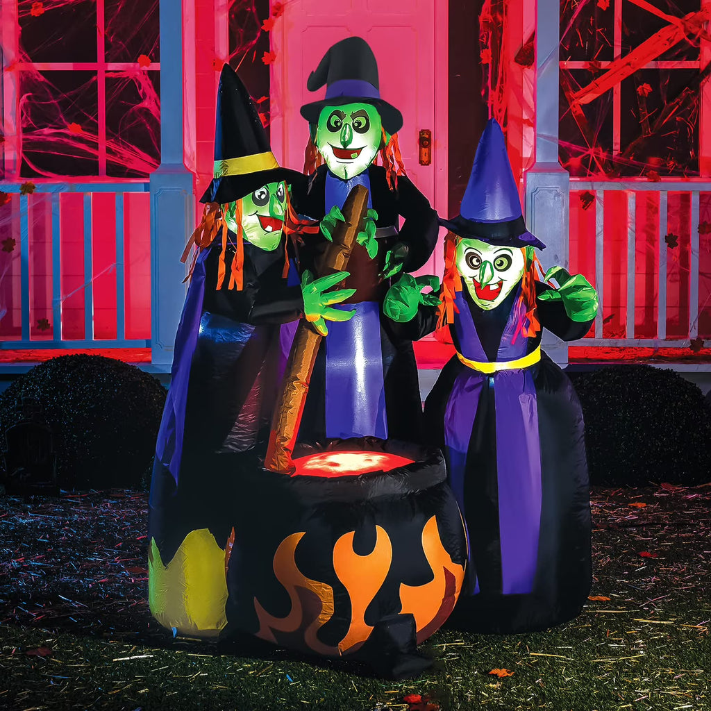 6 FT Tall Halloween Inflatable Three Witch Around Cauldron with Flame Light H96622