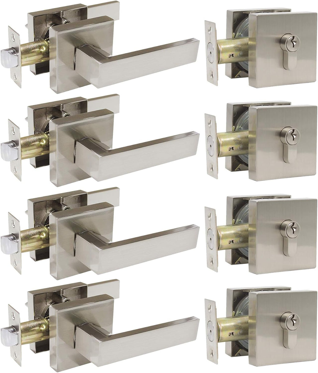 Flat Black Square Door Lever with Single Cylinder Deadbolts Combo Pack of 2 K698760