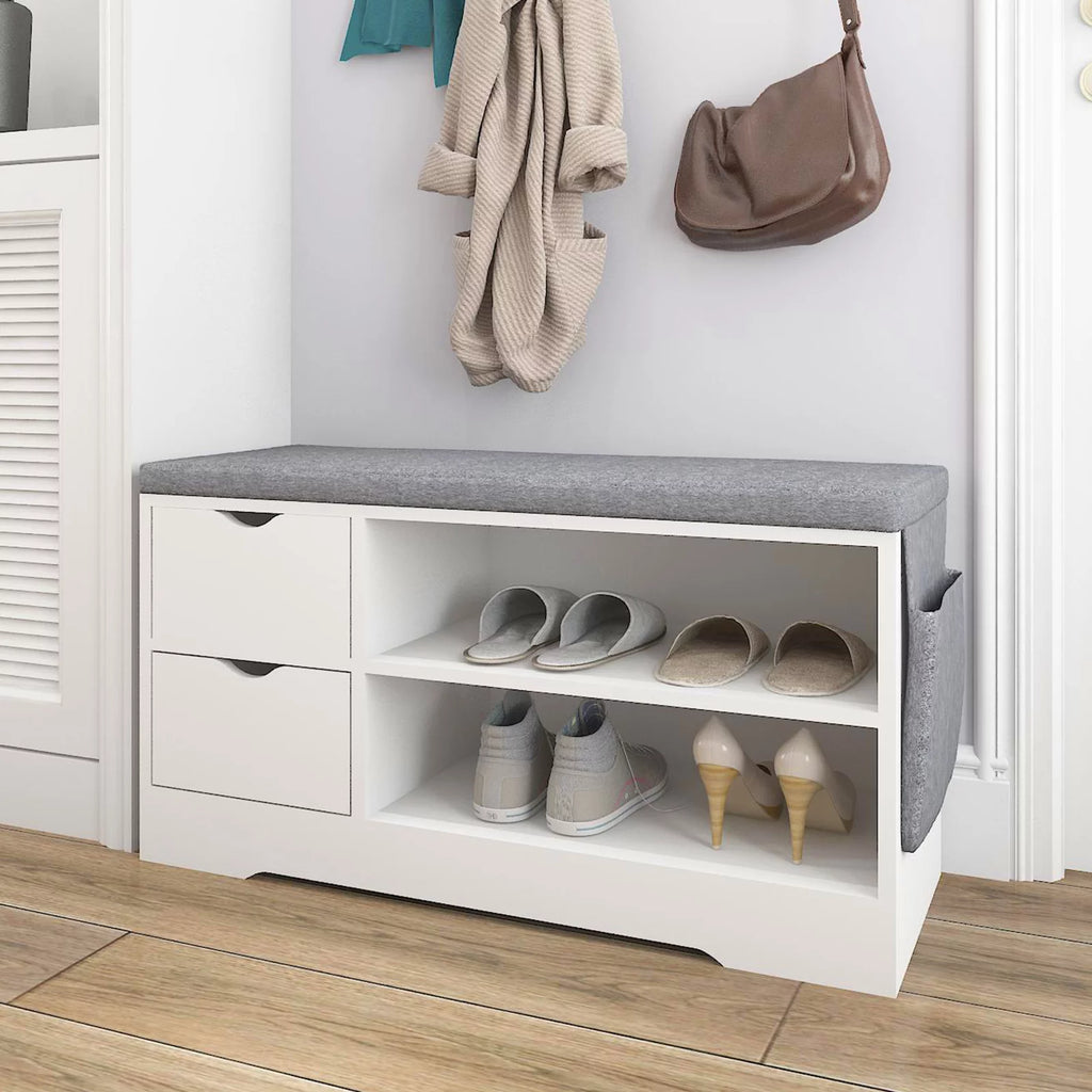 White 2-Tier Shoe Storage Bench with Drawer and Cushion P22550