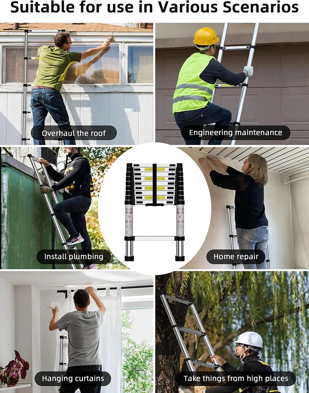 Telescoping Ladder, 12.5 FT Aluminum Heavy Duty 330 lbs Load P66919