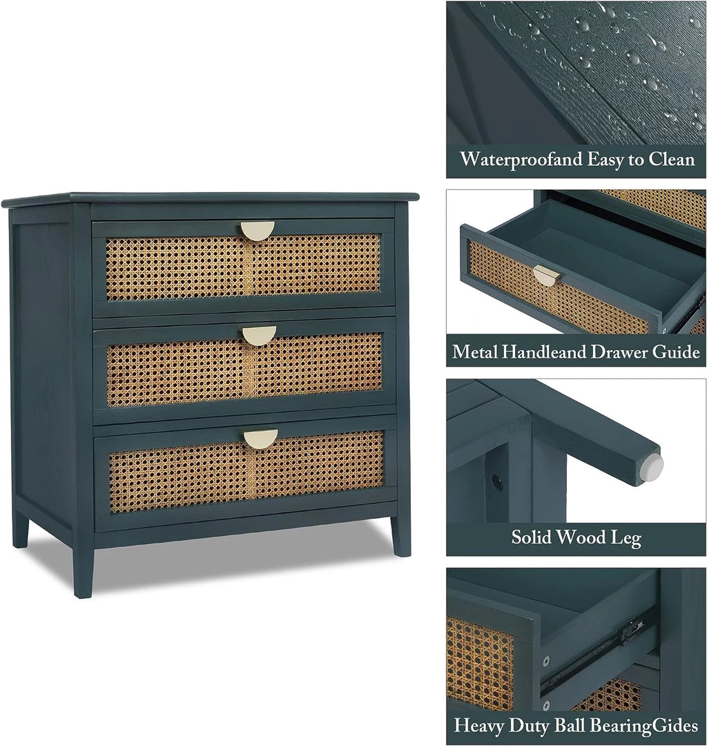 3 Drawer Rattan Dresser with Golden Metal Handles T4174