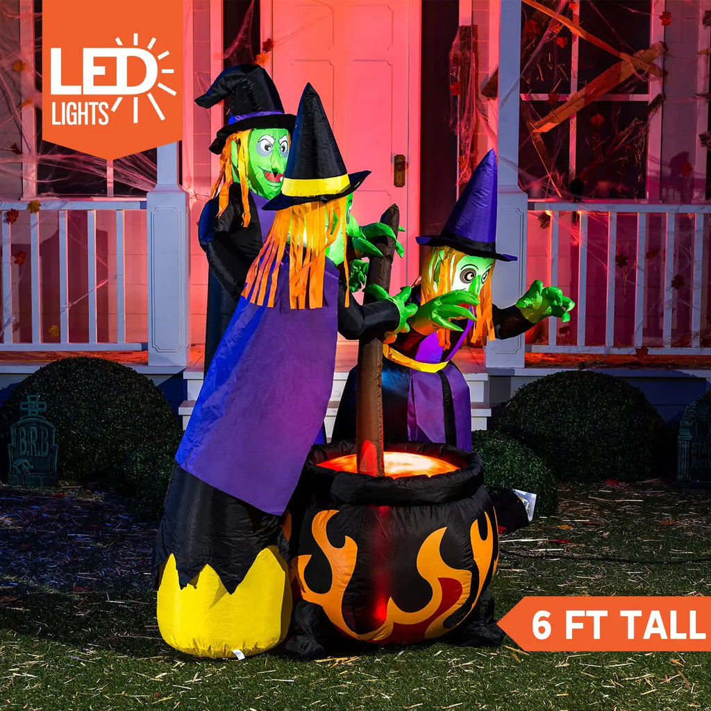 6 FT Tall Halloween Inflatable Three Witch Around Cauldron with Flame Light H96622