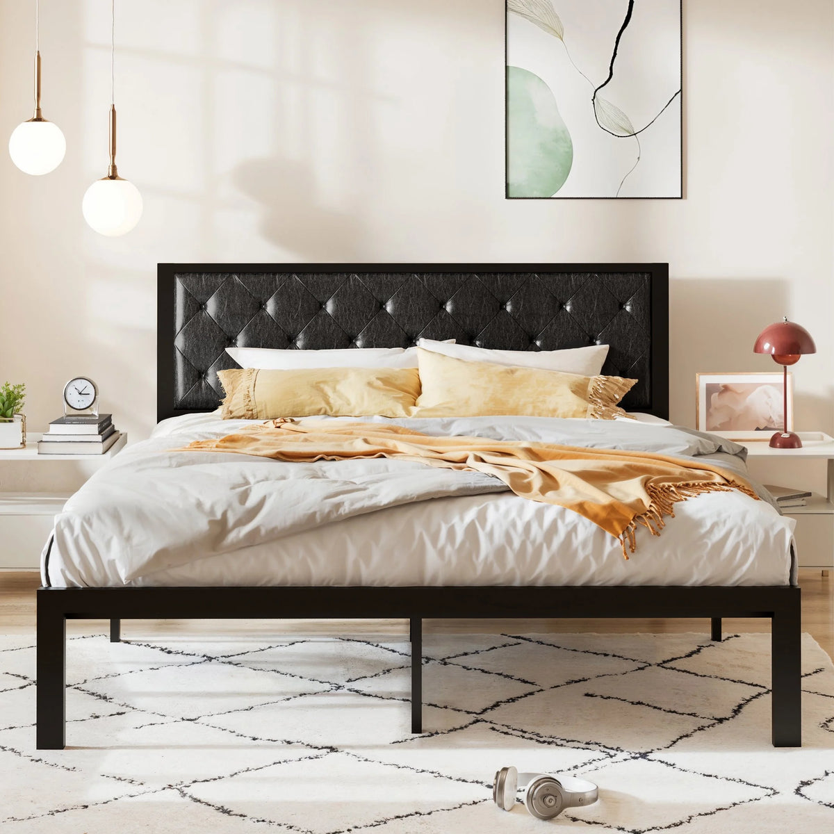 Twin Size Metal Platform Bed Frame with Fabric Headboard Y689