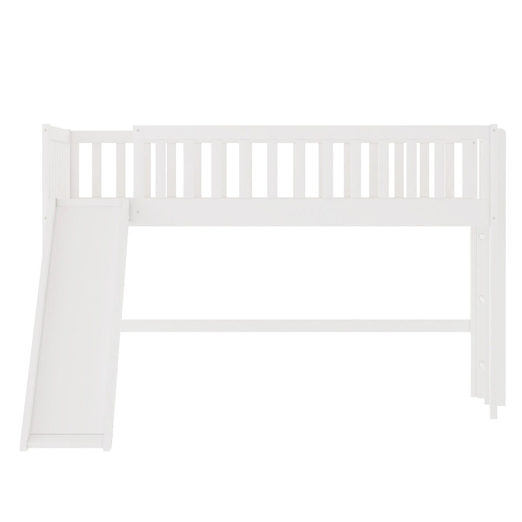 White Wooden Low Loft Bed with Slide and Ladder E4908