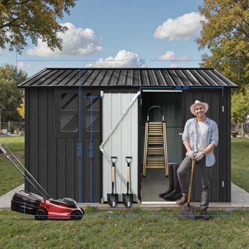 Grey Metal Outdoor Storage Shed with Windows and Lockable Doors F46933
