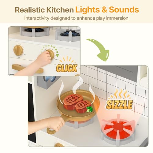 Play Kitchen with Lights & Sounds, 28 Pcs Toy Food & Cookware D21587
