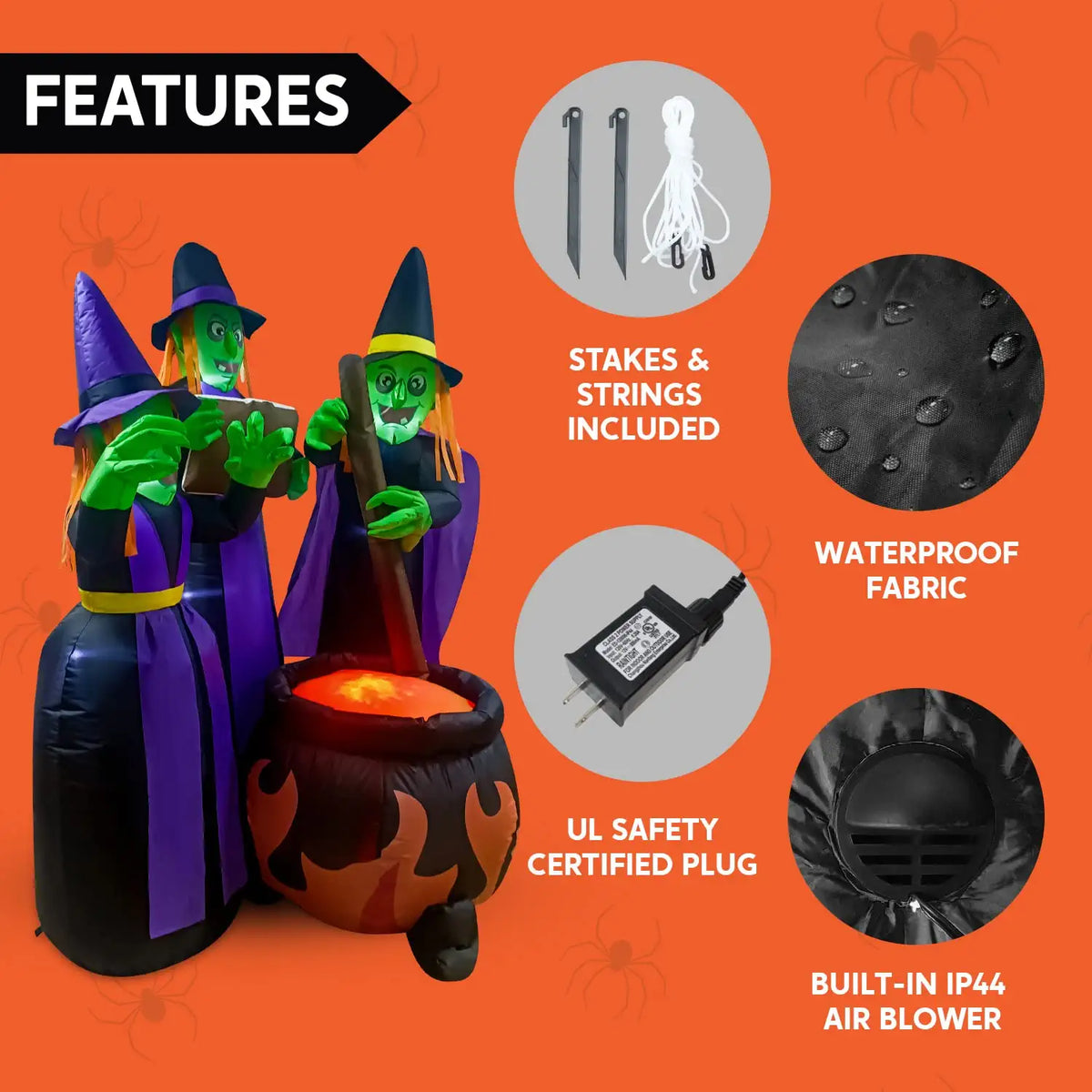 6 FT Tall Halloween Inflatable Three Witch Around Cauldron with Flame Light H96622