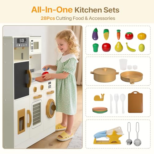 Play Kitchen with Lights & Sounds, 28 Pcs Toy Food & Cookware D21587