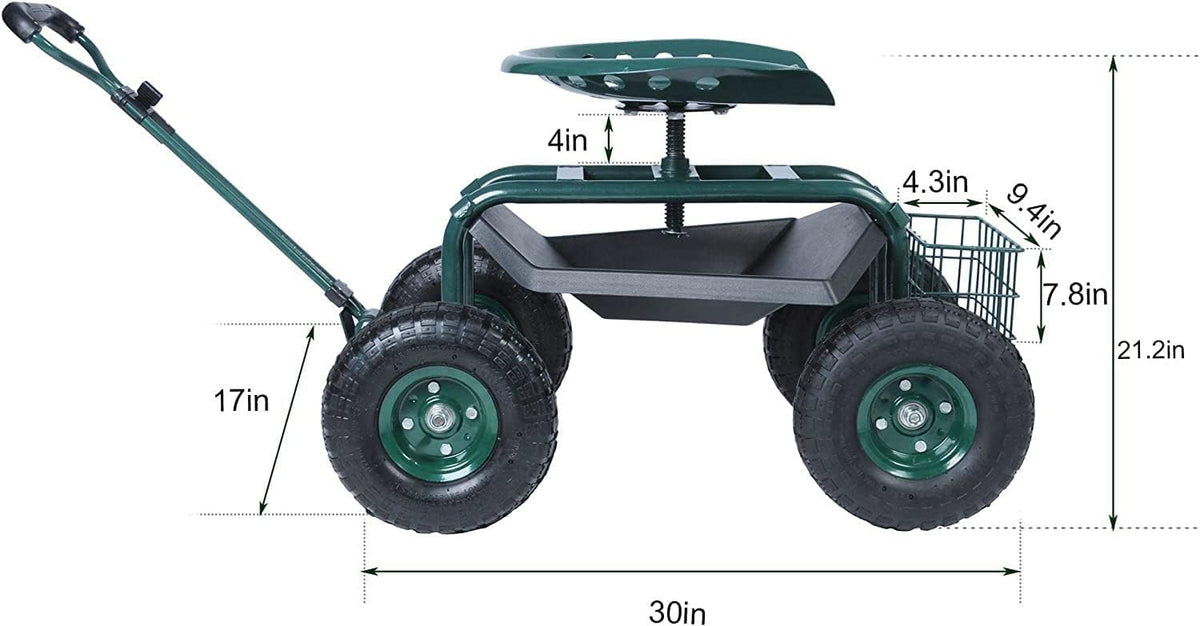 Green Garden Stool Cart with Tool Tray and Storage Basket on Wheels Y95024
