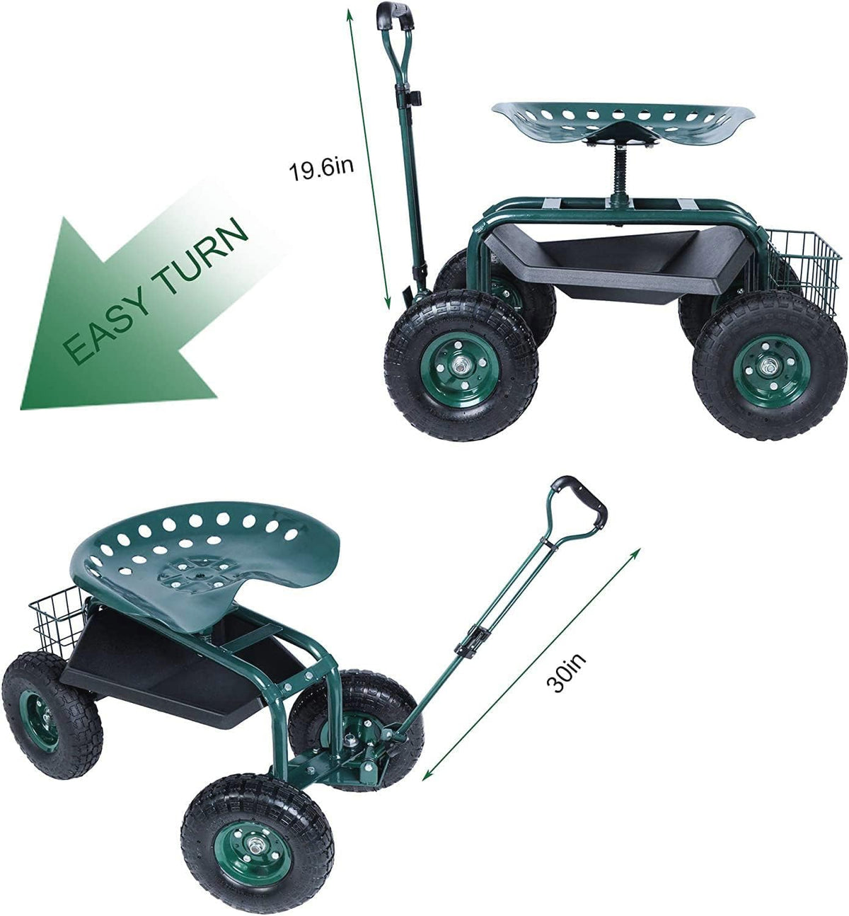 Green Garden Stool Cart with Tool Tray and Storage Basket on Wheels Y95024