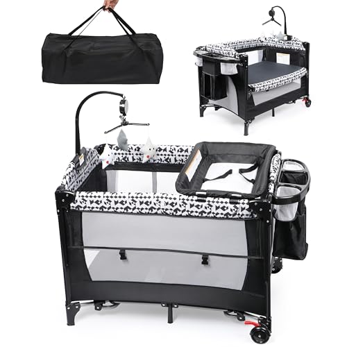 5-in-1 Pack and Play Baby Bassinet Bedside Sleeper with Diaper Changer Storage Bag Music Box Portable Baby Crib Carry Bag Foldable Playard Bassinet K12903