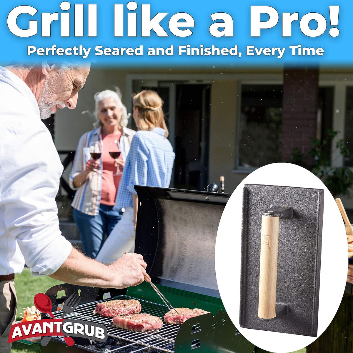 Pre Seasoned Cast Iron Grill Weight 3Pk Heavy Duty Steak and Burger Press with Wooden Handle S894