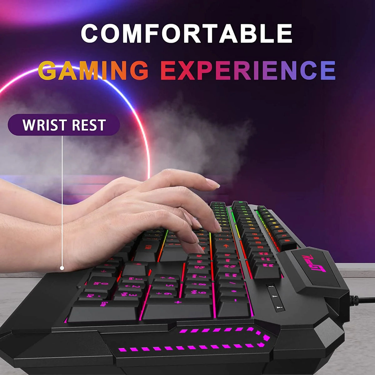 114 Keys Full Size Wired Rainbow LED Backlit Quiet Computer Keyboard with Wrist Rest S319