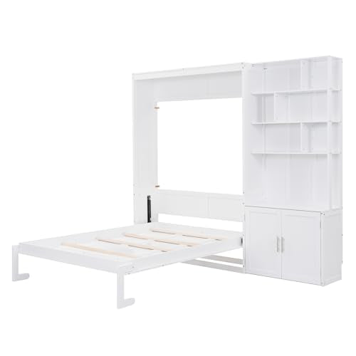 White Solid Wood Queen Size Murphy Bed with Desk R270024
