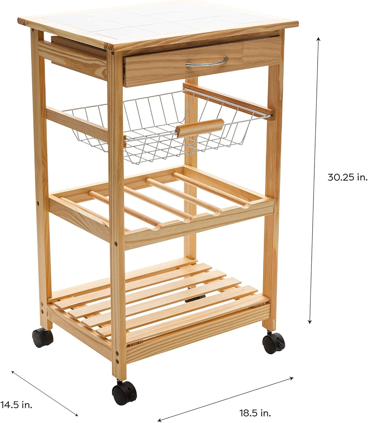Natural Pinewood Mobile Kitchen Cart with Tile Top V766
