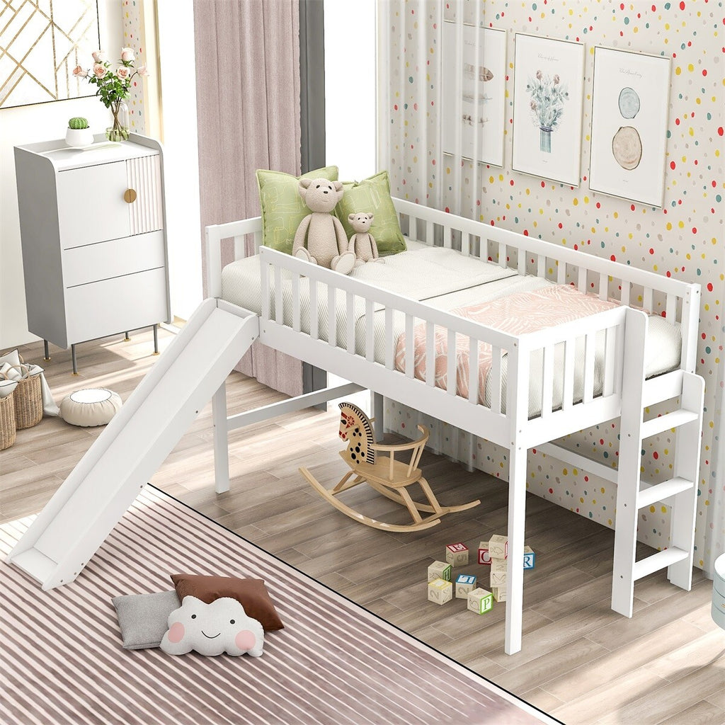 White Wooden Low Loft Bed with Slide and Ladder E4908