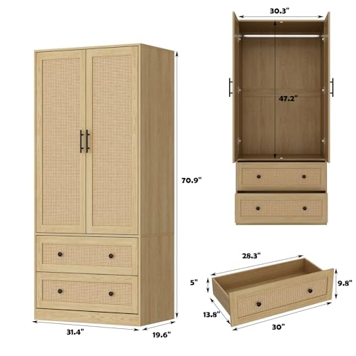 Oak 2 Rattan Door Wardrobe Closet with 2 Drawers and Shelves Z49746