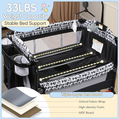 5-in-1 Pack and Play Baby Bassinet Bedside Sleeper with Diaper Changer Storage Bag Music Box Portable Baby Crib Carry Bag Foldable Playard Bassinet K12903