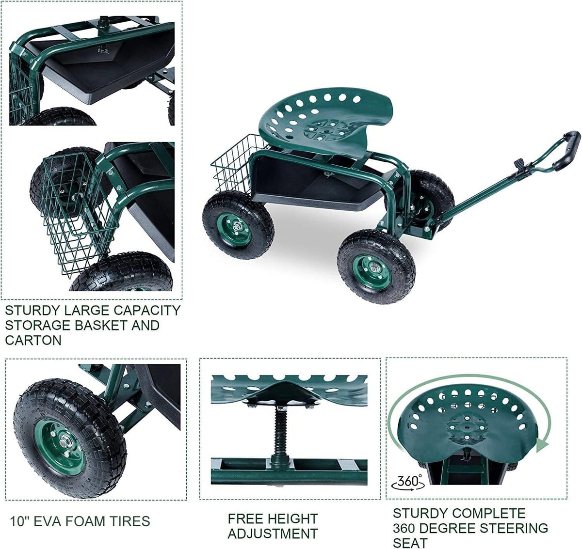 Green Garden Stool Cart with Tool Tray and Storage Basket on Wheels Y95024