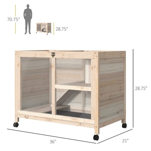 Blue & White Wooden Rabbit Hutch with Tray and Wheels Q38641