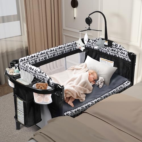 5-in-1 Pack and Play Baby Bassinet Bedside Sleeper with Diaper Changer Storage Bag Music Box Portable Baby Crib Carry Bag Foldable Playard Bassinet K12903