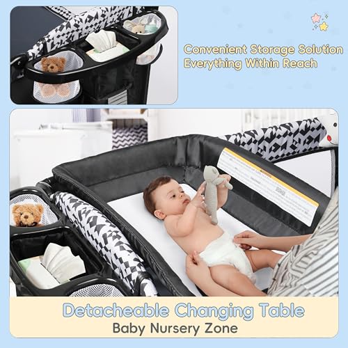 5-in-1 Pack and Play Baby Bassinet Bedside Sleeper with Diaper Changer Storage Bag Music Box Portable Baby Crib Carry Bag Foldable Playard Bassinet K12903
