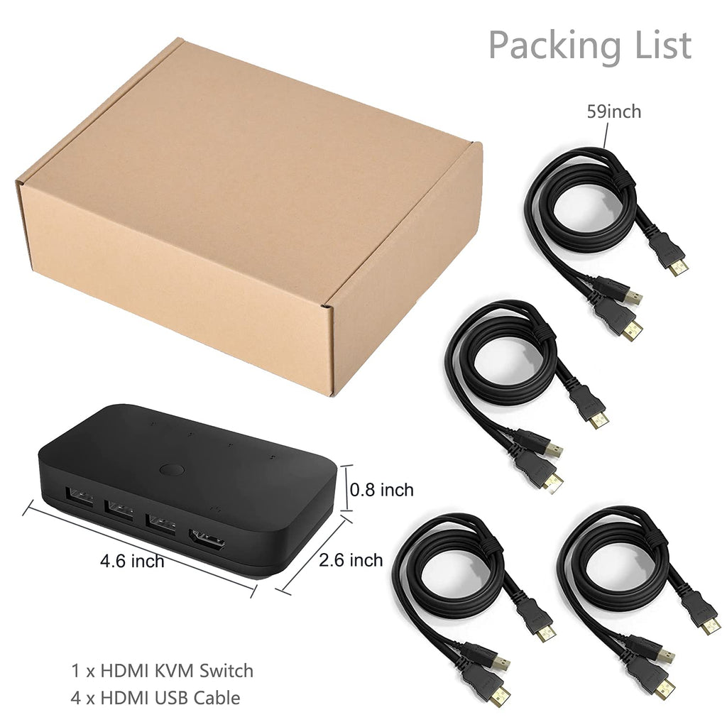 HDMI KVM Switch 4 Port with 4 HDMI Cables, 3 USB 2.0 Hub, 4K@30Hz Q2874
