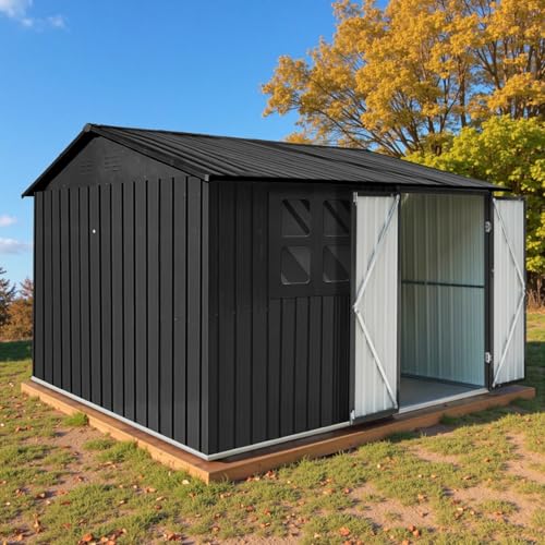 Grey Metal Outdoor Storage Shed with Windows and Lockable Doors F46933