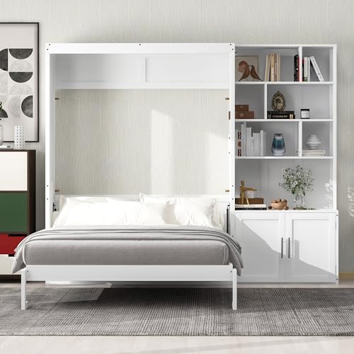 White Solid Wood Queen Size Murphy Bed with Desk R270024