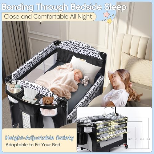 5-in-1 Pack and Play Baby Bassinet Bedside Sleeper with Diaper Changer Storage Bag Music Box Portable Baby Crib Carry Bag Foldable Playard Bassinet K12903