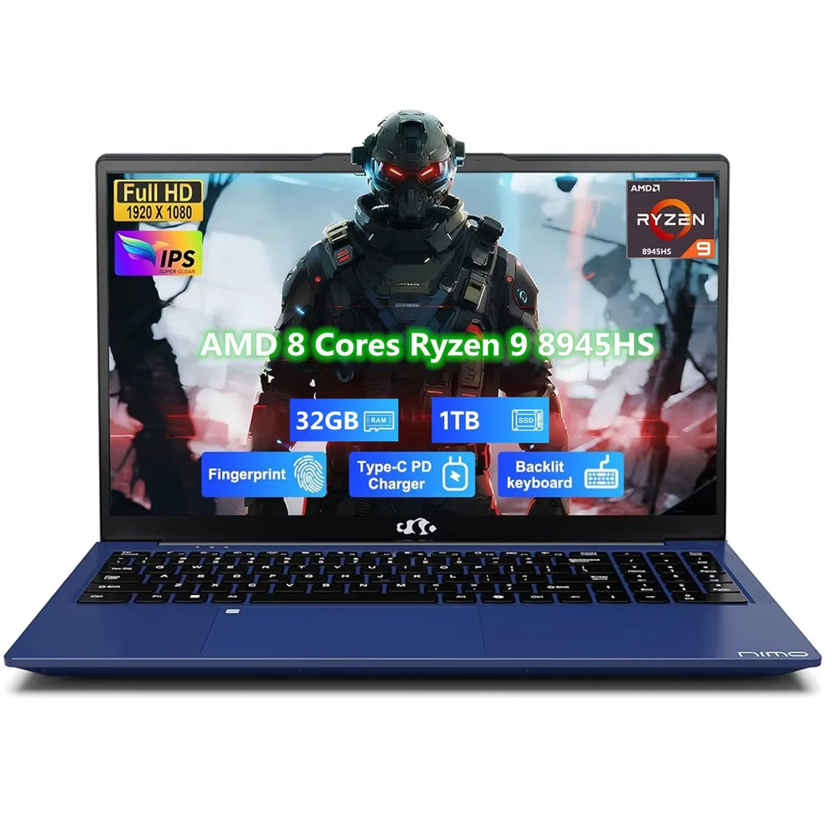 17.3" FHD Gaming Laptop, AMD Ryzen 9 8945HS 8 Cores, 32GB RAM 1TB SSD, Radeon 780M, PD 100W Type-C, Backlit Keyboard Fingerprint, Blue Z247450
