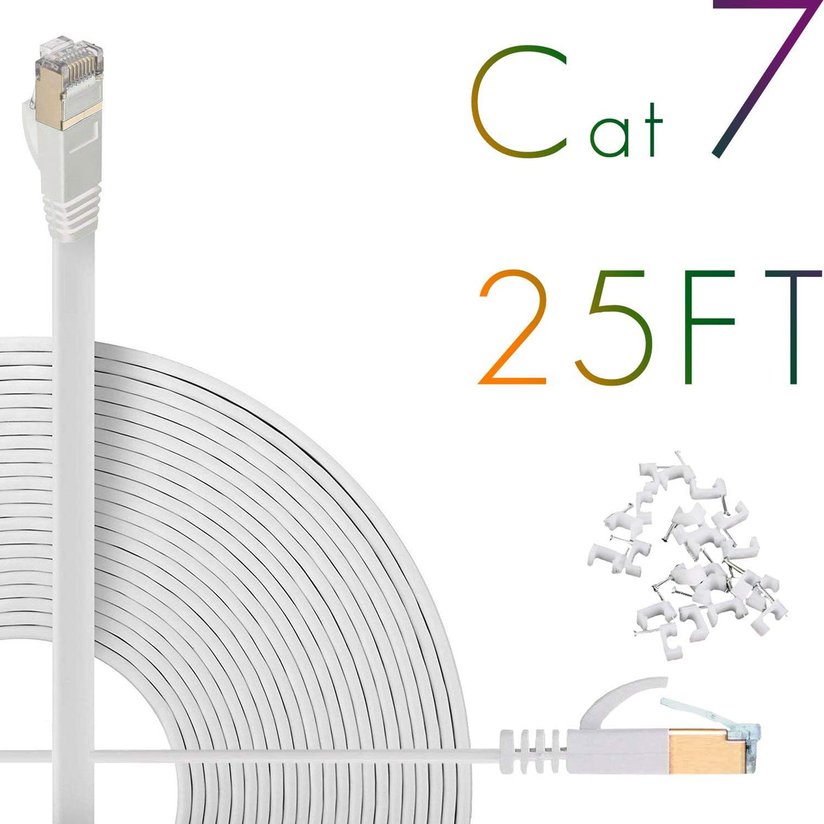 Cat7 Ethernet Cable 150ft Flat Shielded White Pack of 2 V6131