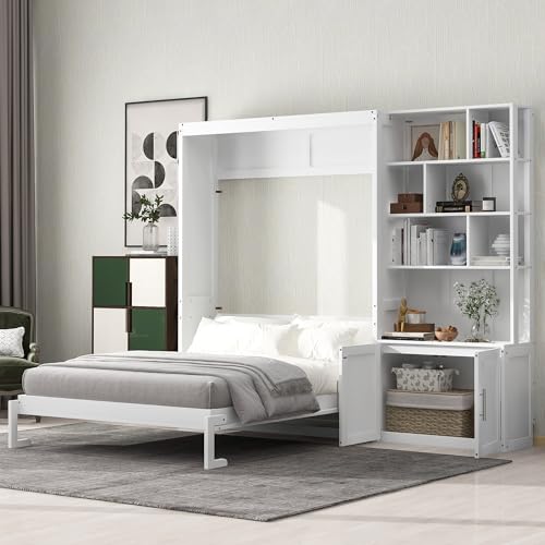 White Solid Wood Queen Size Murphy Bed with Desk R270024