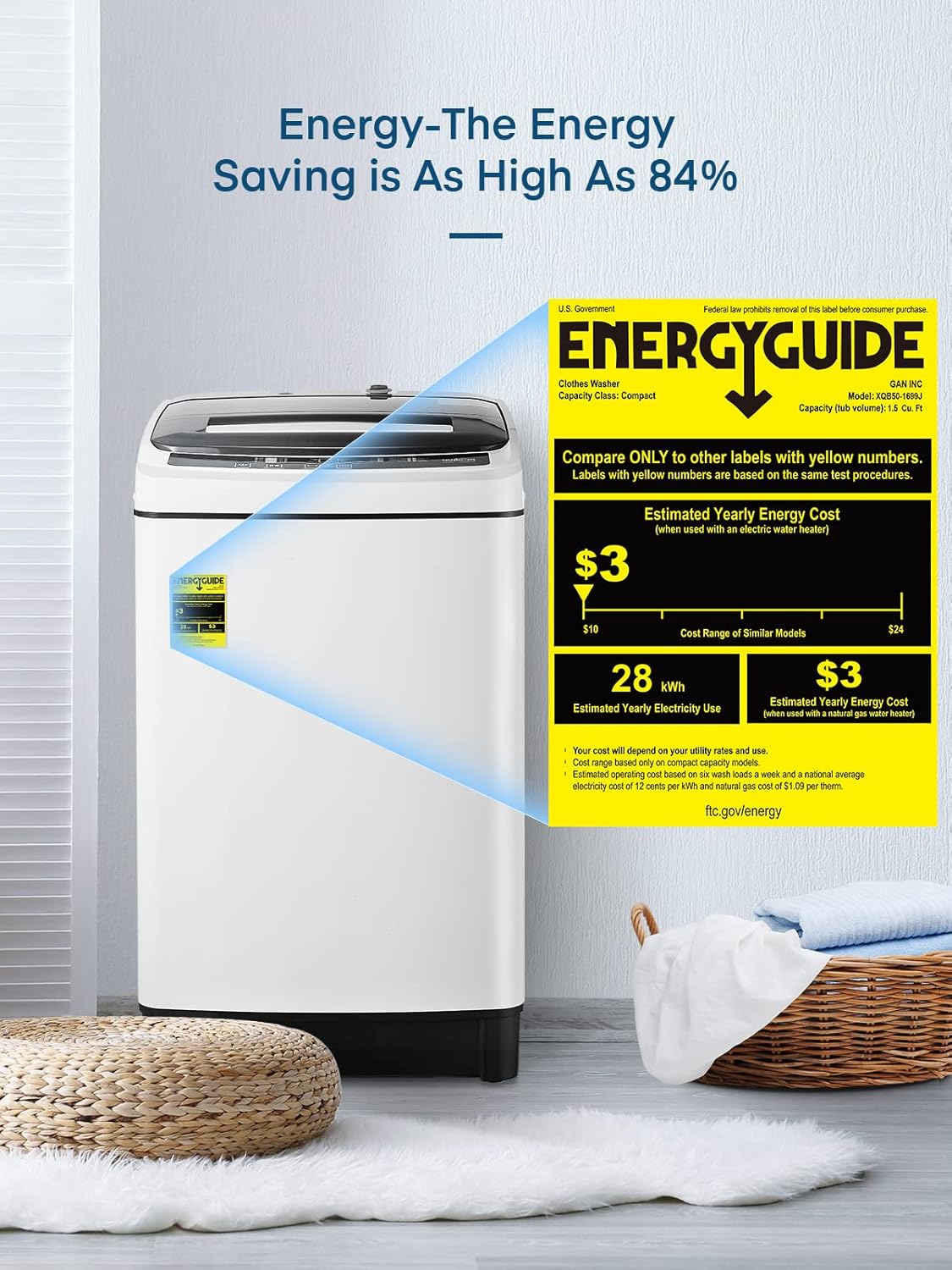 Portable Top Load Washing Machine 1.5 Cu.Ft 11lbs Capacity 8 Programs 10 Water Levels Z826077