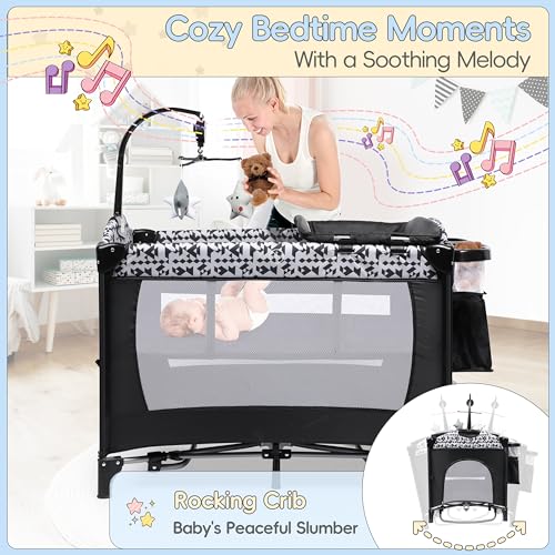 5-in-1 Pack and Play Baby Bassinet Bedside Sleeper with Diaper Changer Storage Bag Music Box Portable Baby Crib Carry Bag Foldable Playard Bassinet K12903