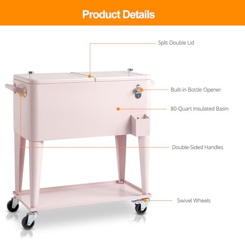 80 Quart Rolling Ice Chest on Wheels Drink Cooler Cart with Shelf J93118