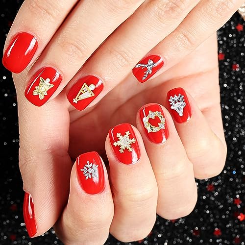 24 Pcs Christmas Nail Charms Rhinestones Snowflake Deer Wreaths Tree Bell Nail Gems 3D Gold Silver Art Jewels Metal Diamonds D589