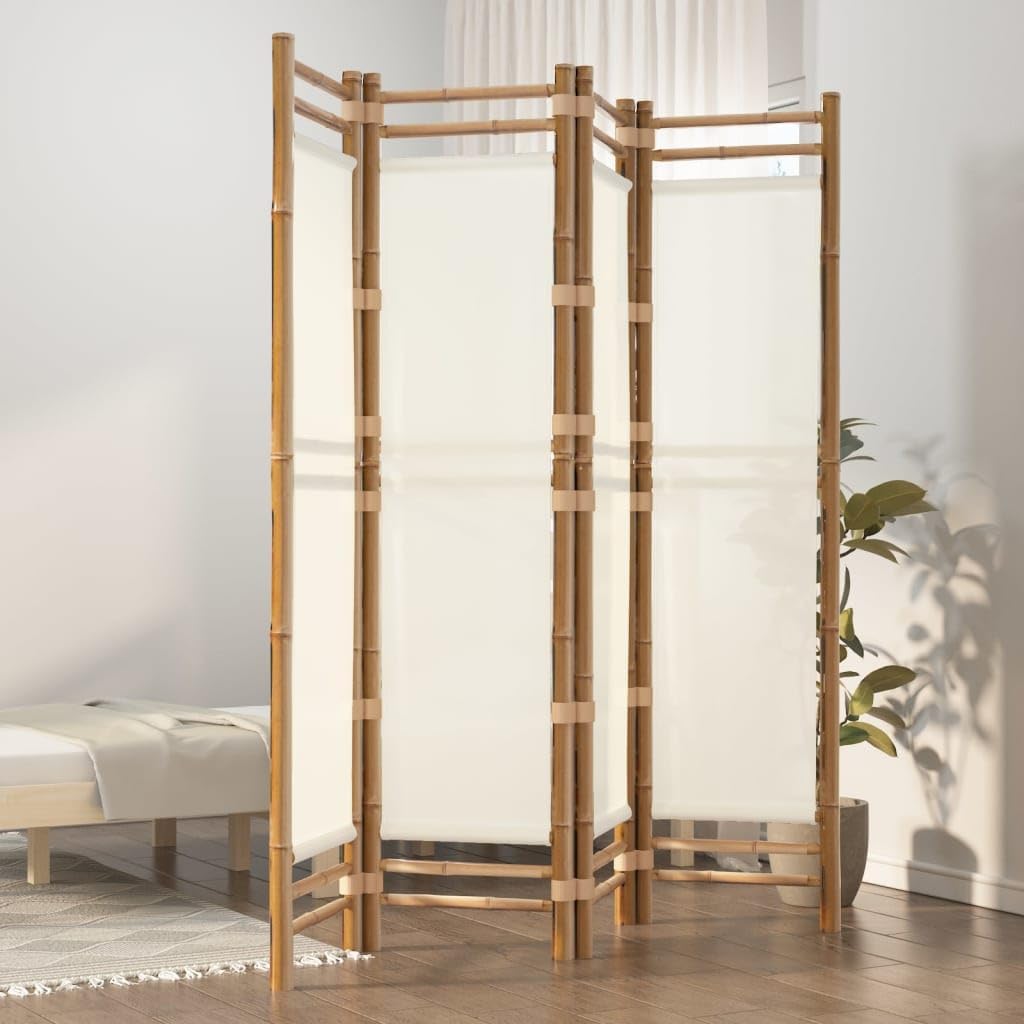 Cream White 4-Panel Bamboo Room Divider I596