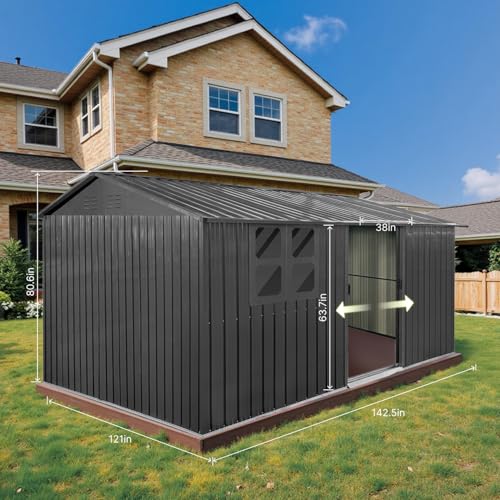 Grey Metal Outdoor Storage Shed with Windows and Lockable Doors F46933
