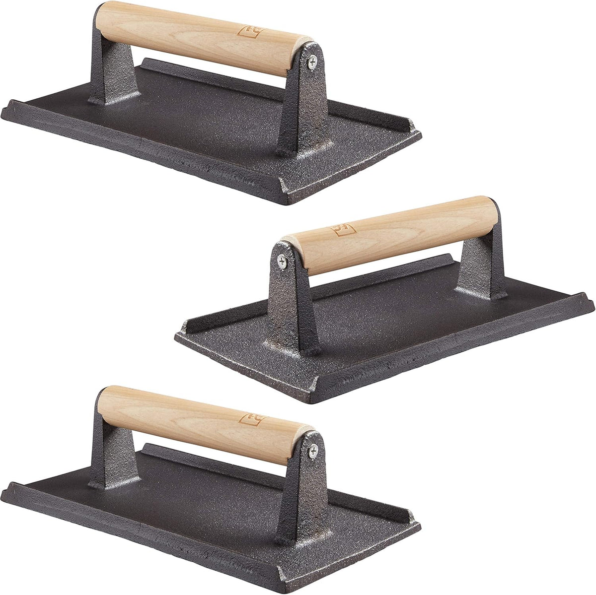 Pre Seasoned Cast Iron Grill Weight 3Pk Heavy Duty Steak and Burger Press with Wooden Handle S894