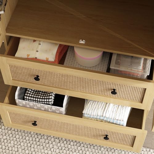 Oak 2 Rattan Door Wardrobe Closet with 2 Drawers and Shelves Z49746