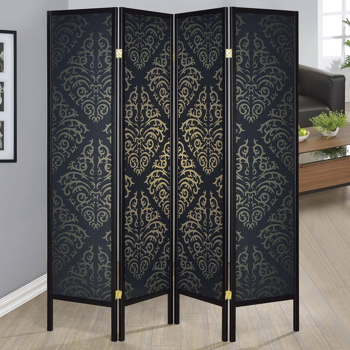 Black Damask Print Folding Screen H702104