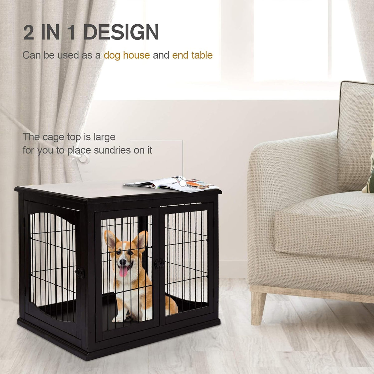 26'' Wooden Dog Cage Pet Crate Kennel with Double Door, Dark Brown C26351