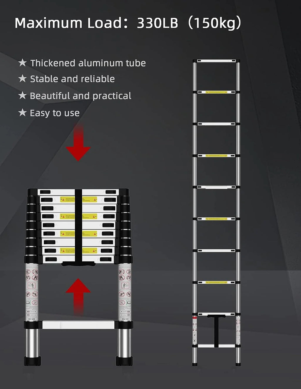 Telescoping Ladder, 12.5 FT Aluminum Heavy Duty 330 lbs Load P66919