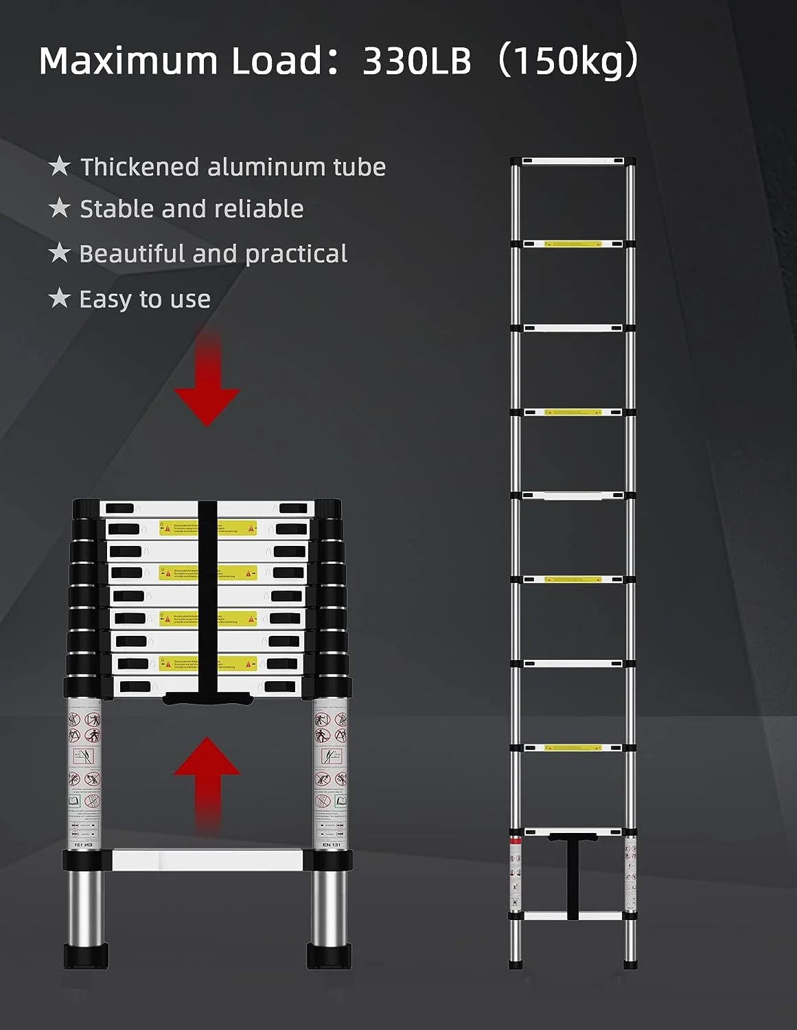 Telescoping Ladder, 12.5 FT Aluminum Heavy Duty 330 lbs Load P66919