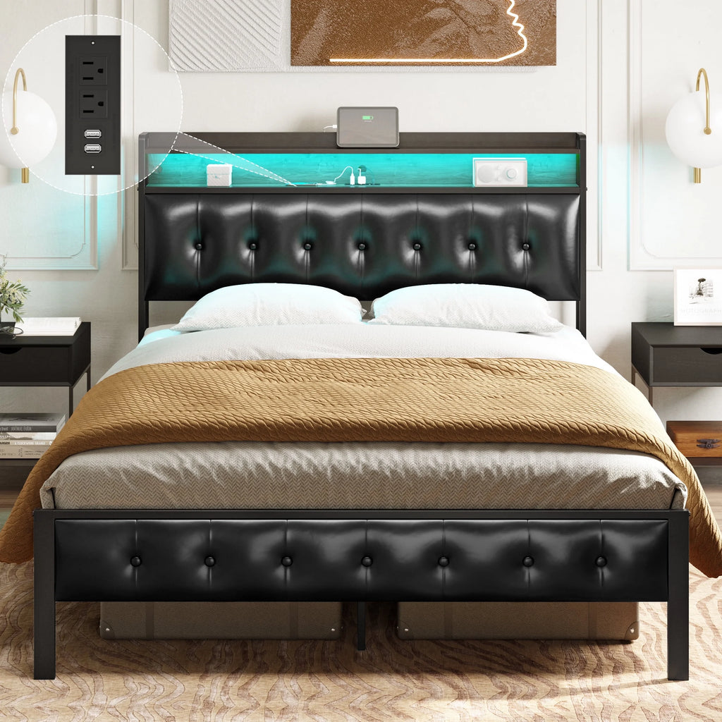 Queen Upholstered Platform Bed Frame with Storage Headboard Q98507