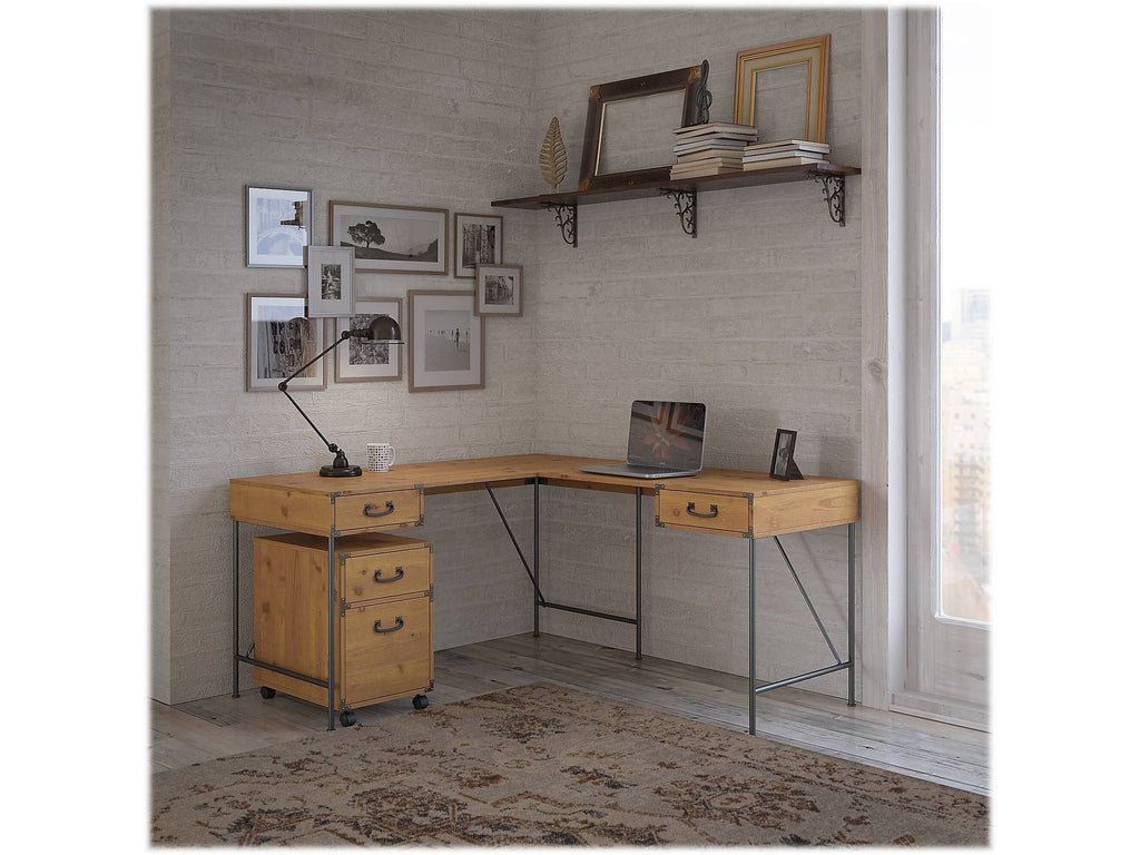 Vintage Golden Pine L Shaped Writing Desk with 2 Drawer Mobile File Cabinet P792