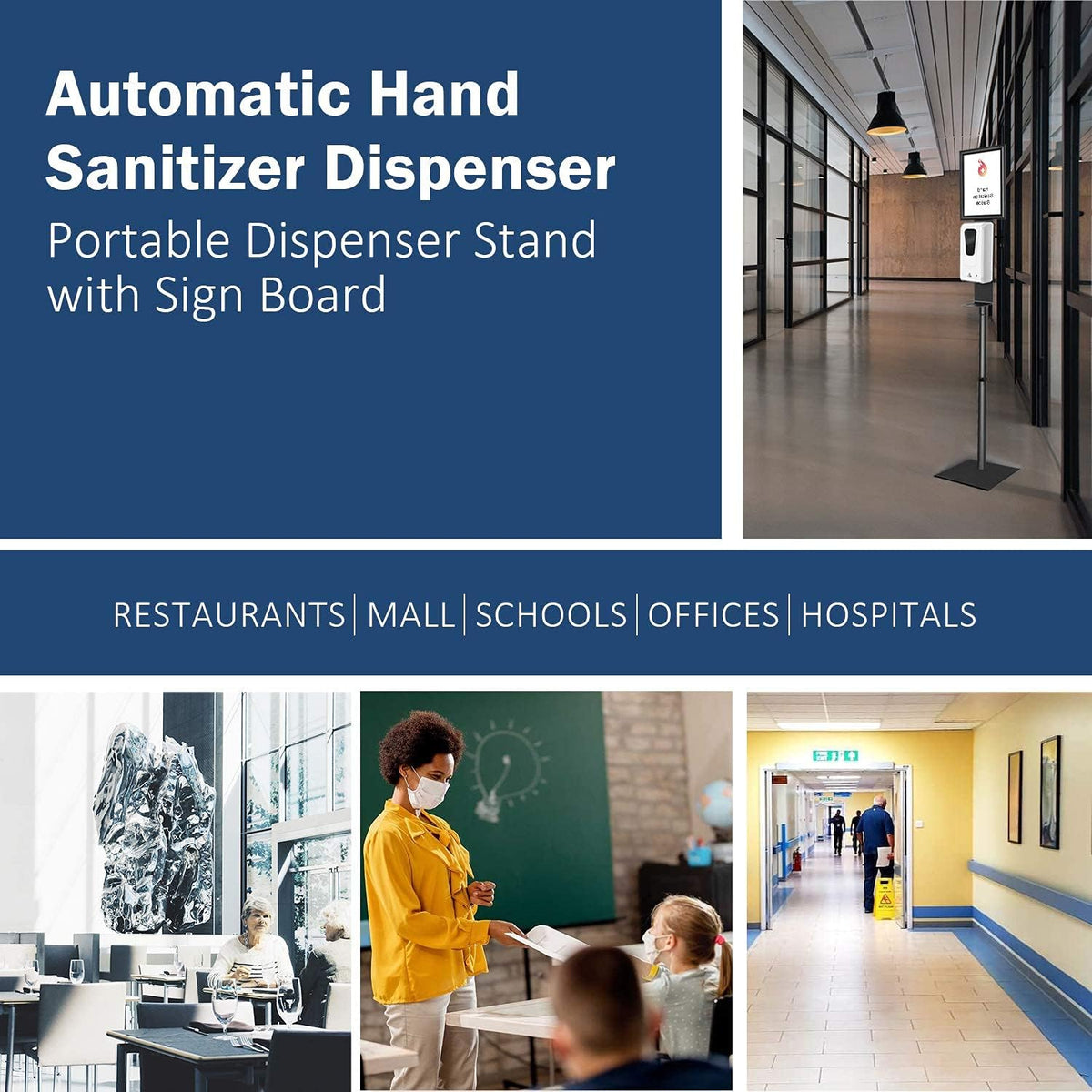 Automatic Hand Sanitizer Dispenser with Adjustable Stand, Sign Board, Refillable Bottle, Drip Catcher - 33oz V8710
